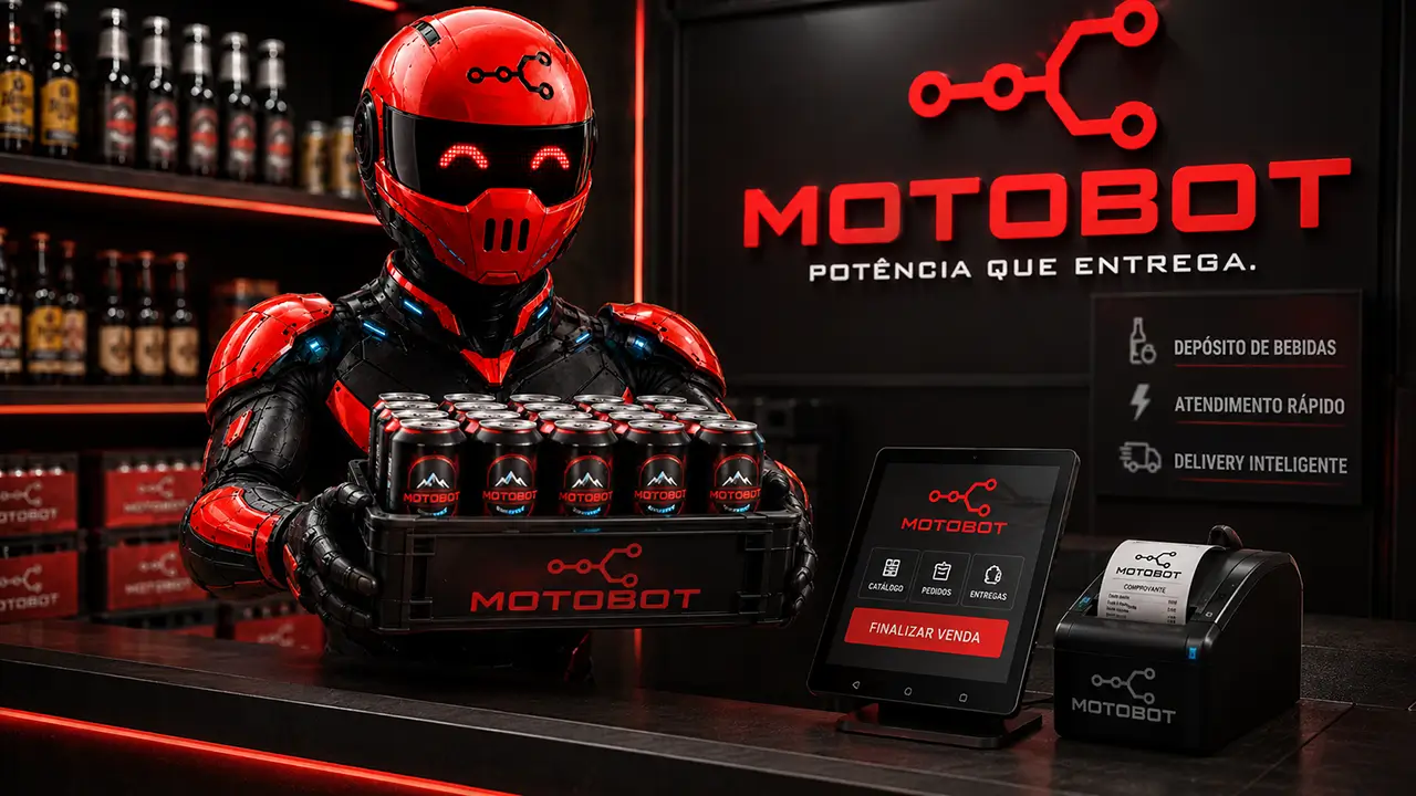Mascote Motobot operando o delivery de uma distribuidora de bebidas: engradado de latas da marca, PDV no tablet e impressora de comanda